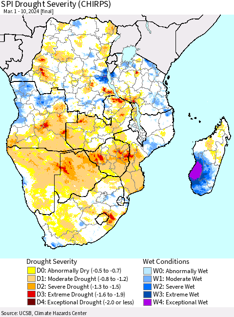 Southern Africa SPI Drought Severity (CHIRPS) Thematic Map For 3/1/2024 - 3/10/2024