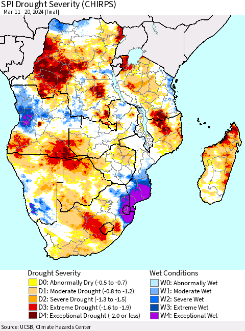 Southern Africa SPI Drought Severity (CHIRPS) Thematic Map For 3/11/2024 - 3/20/2024