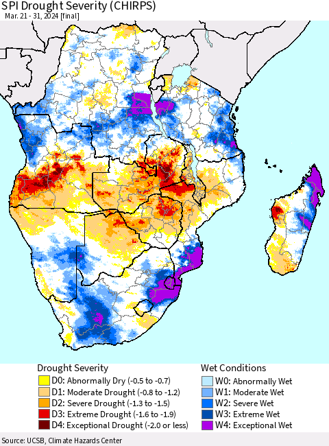 Southern Africa SPI Drought Severity (CHIRPS) Thematic Map For 3/21/2024 - 3/31/2024