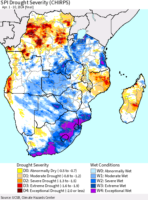 Southern Africa SPI Drought Severity (CHIRPS) Thematic Map For 4/1/2024 - 4/10/2024