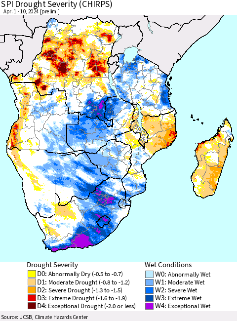 Southern Africa SPI Drought Severity (CHIRPS) Thematic Map For 4/1/2024 - 4/10/2024