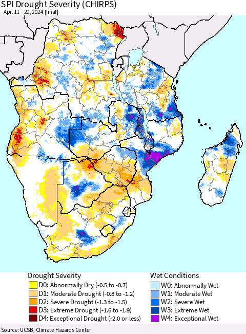 Southern Africa SPI Drought Severity (CHIRPS) Thematic Map For 4/11/2024 - 4/20/2024