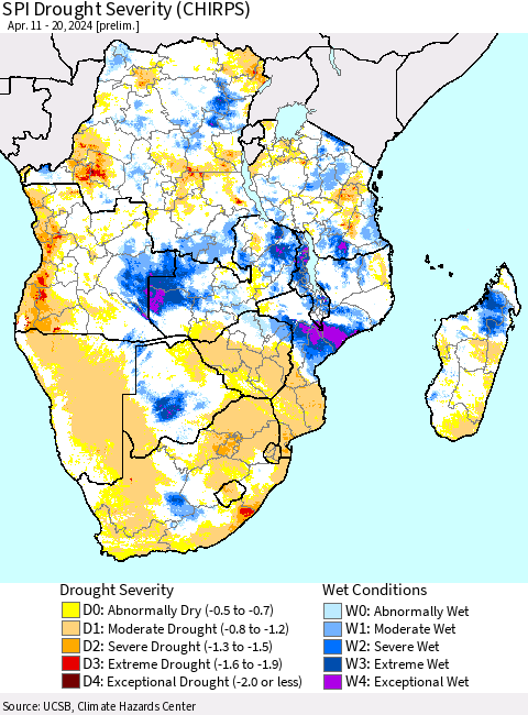 Southern Africa SPI Drought Severity (CHIRPS) Thematic Map For 4/11/2024 - 4/20/2024
