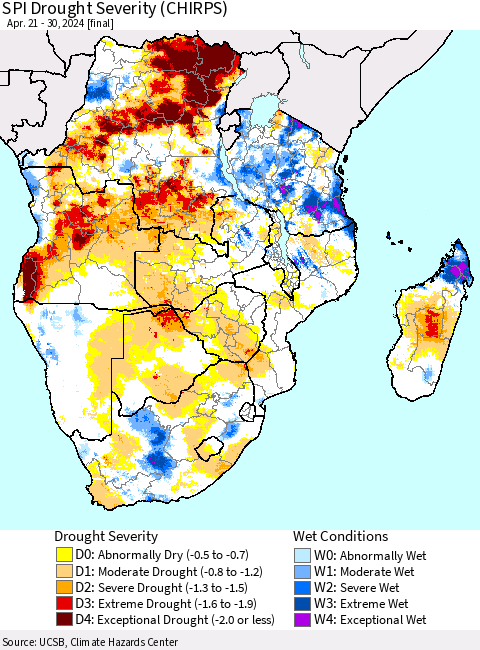 Southern Africa SPI Drought Severity (CHIRPS) Thematic Map For 4/21/2024 - 4/30/2024