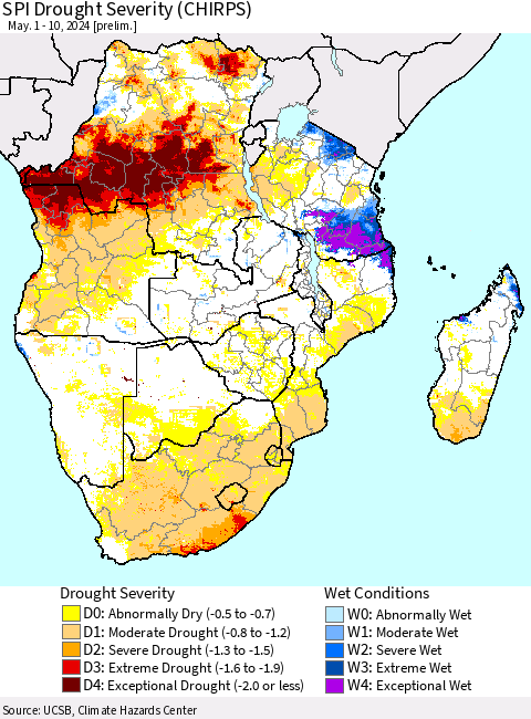 Southern Africa SPI Drought Severity (CHIRPS) Thematic Map For 5/1/2024 - 5/10/2024