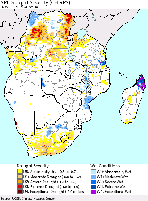 Southern Africa SPI Drought Severity (CHIRPS) Thematic Map For 5/11/2024 - 5/20/2024