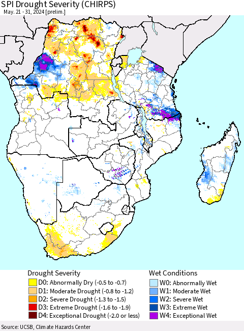 Southern Africa SPI Drought Severity (CHIRPS) Thematic Map For 5/21/2024 - 5/31/2024