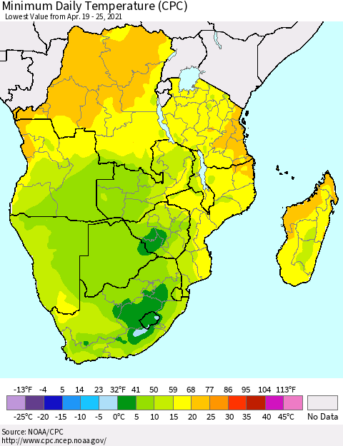 Southern Africa Minimum Daily Temperature (CPC) Thematic Map For 4/19/2021 - 4/25/2021