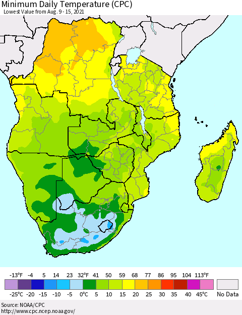 Southern Africa Minimum Daily Temperature (CPC) Thematic Map For 8/9/2021 - 8/15/2021