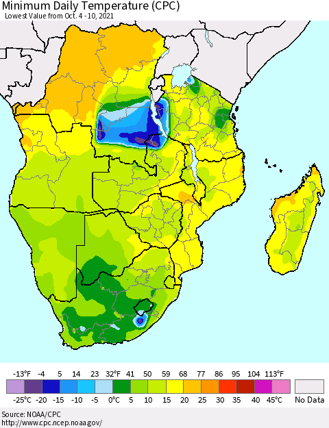 Southern Africa Minimum Daily Temperature (CPC) Thematic Map For 10/4/2021 - 10/10/2021