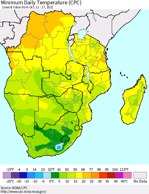 Southern Africa Minimum Daily Temperature (CPC) Thematic Map For 10/11/2021 - 10/17/2021