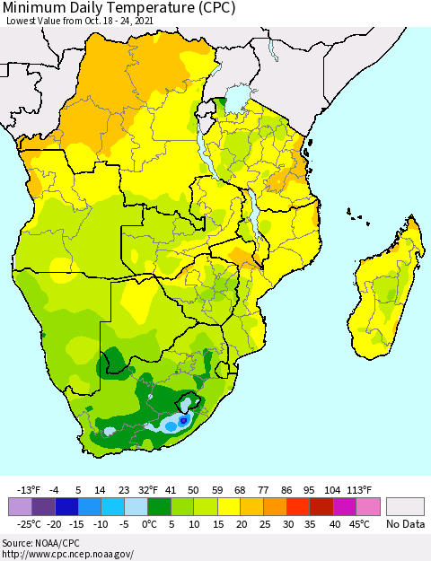 Southern Africa Minimum Daily Temperature (CPC) Thematic Map For 10/18/2021 - 10/24/2021