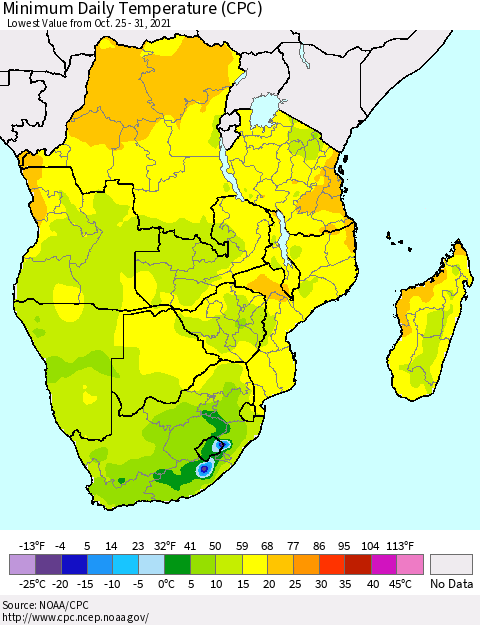 Southern Africa Minimum Daily Temperature (CPC) Thematic Map For 10/25/2021 - 10/31/2021