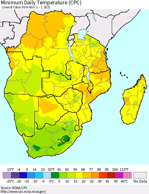 Southern Africa Minimum Daily Temperature (CPC) Thematic Map For 11/1/2021 - 11/7/2021