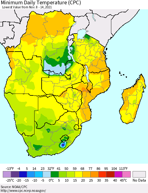 Southern Africa Minimum Daily Temperature (CPC) Thematic Map For 11/8/2021 - 11/14/2021