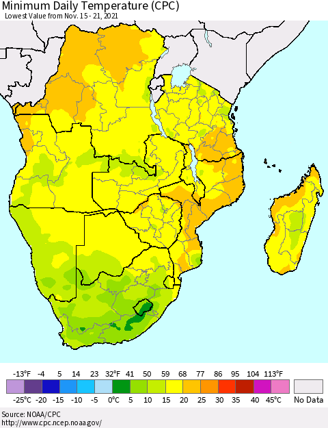 Southern Africa Minimum Daily Temperature (CPC) Thematic Map For 11/15/2021 - 11/21/2021