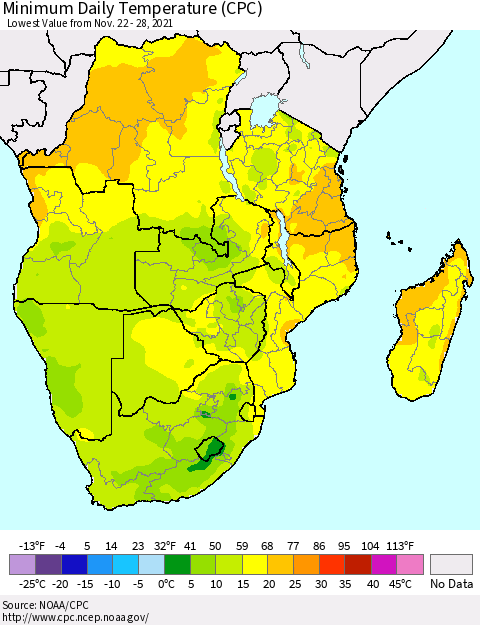 Southern Africa Minimum Daily Temperature (CPC) Thematic Map For 11/22/2021 - 11/28/2021