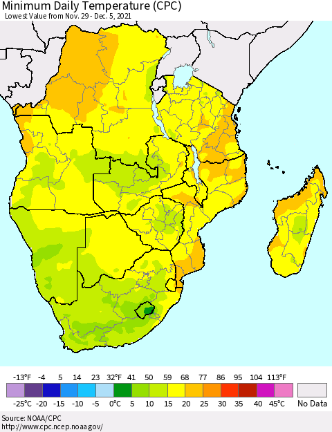 Southern Africa Minimum Daily Temperature (CPC) Thematic Map For 11/29/2021 - 12/5/2021