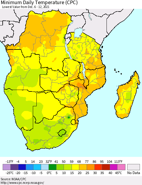 Southern Africa Minimum Daily Temperature (CPC) Thematic Map For 12/6/2021 - 12/12/2021