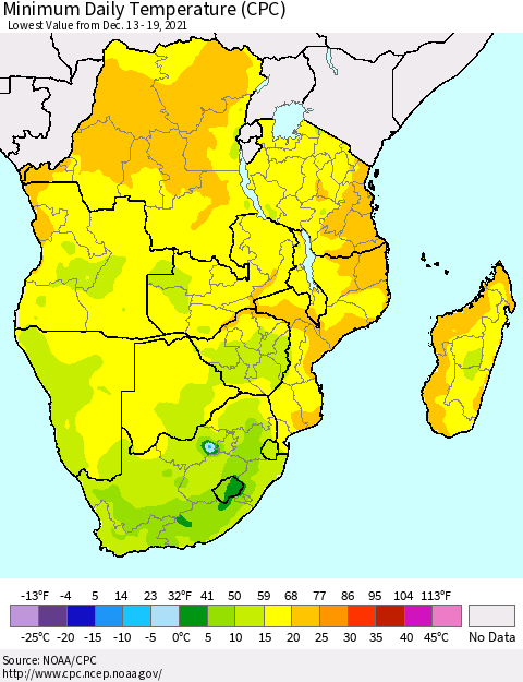 Southern Africa Minimum Daily Temperature (CPC) Thematic Map For 12/13/2021 - 12/19/2021