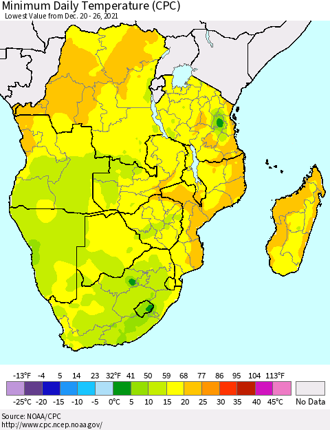 Southern Africa Minimum Daily Temperature (CPC) Thematic Map For 12/20/2021 - 12/26/2021