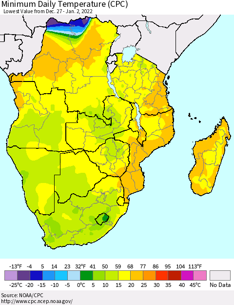 Southern Africa Minimum Daily Temperature (CPC) Thematic Map For 12/27/2021 - 1/2/2022