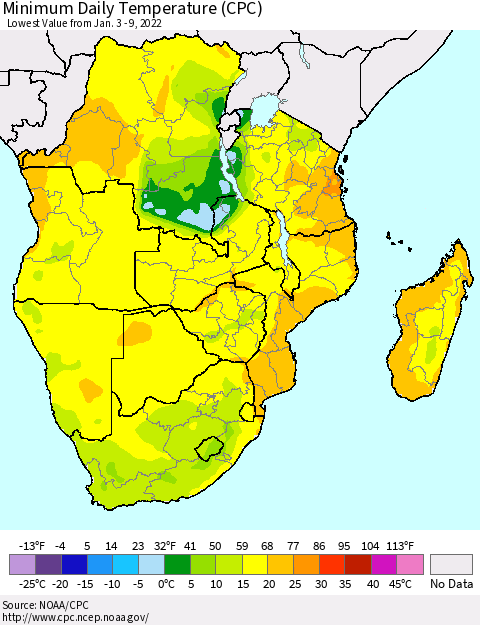 Southern Africa Minimum Daily Temperature (CPC) Thematic Map For 1/3/2022 - 1/9/2022