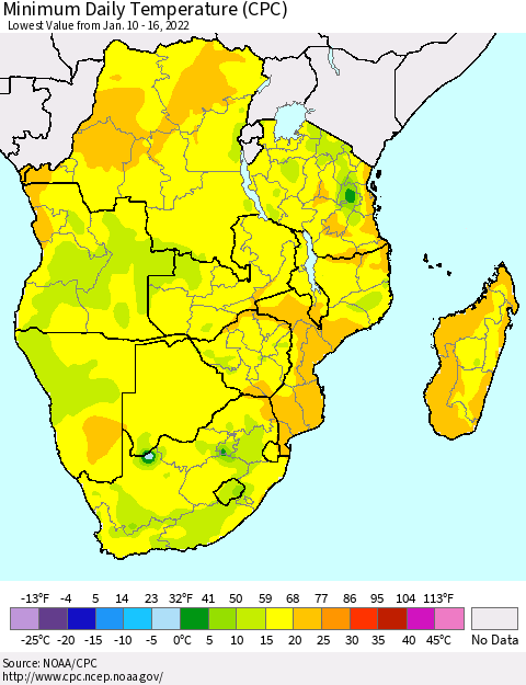 Southern Africa Minimum Daily Temperature (CPC) Thematic Map For 1/10/2022 - 1/16/2022