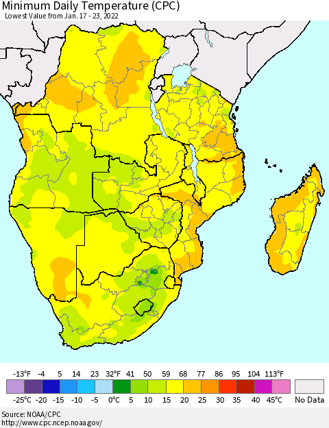 Southern Africa Minimum Daily Temperature (CPC) Thematic Map For 1/17/2022 - 1/23/2022