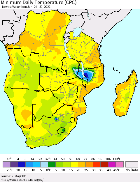 Southern Africa Minimum Daily Temperature (CPC) Thematic Map For 1/24/2022 - 1/30/2022