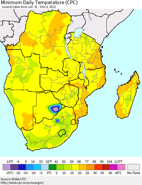 Southern Africa Minimum Daily Temperature (CPC) Thematic Map For 1/31/2022 - 2/6/2022