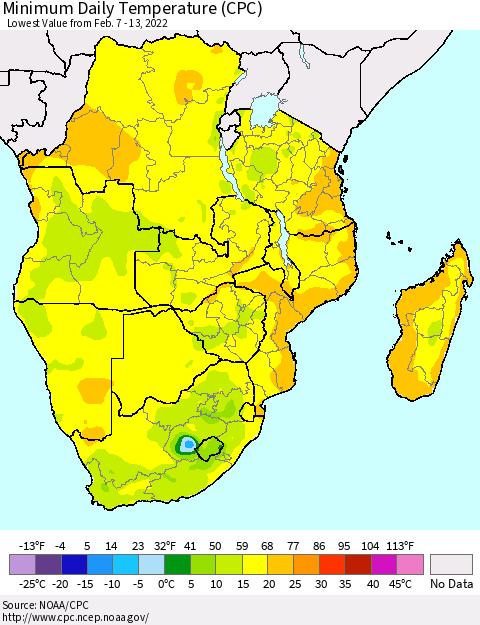 Southern Africa Minimum Daily Temperature (CPC) Thematic Map For 2/7/2022 - 2/13/2022