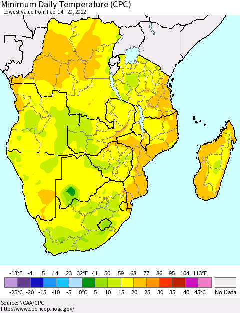 Southern Africa Minimum Daily Temperature (CPC) Thematic Map For 2/14/2022 - 2/20/2022