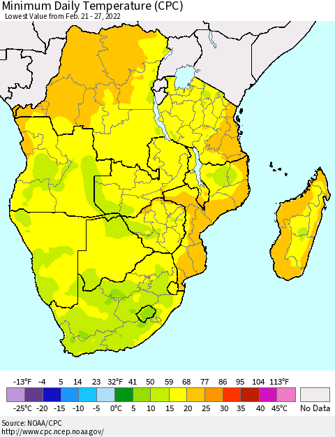 Southern Africa Minimum Daily Temperature (CPC) Thematic Map For 2/21/2022 - 2/27/2022