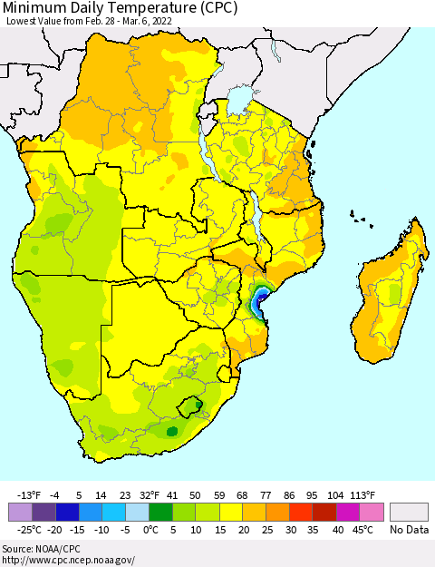 Southern Africa Minimum Daily Temperature (CPC) Thematic Map For 2/28/2022 - 3/6/2022
