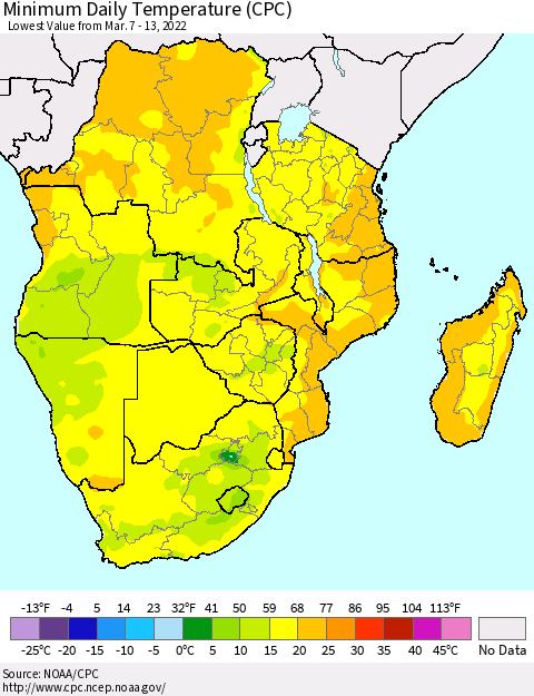 Southern Africa Minimum Daily Temperature (CPC) Thematic Map For 3/7/2022 - 3/13/2022