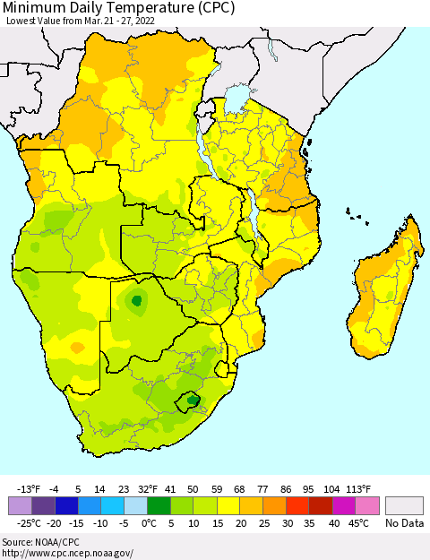 Southern Africa Minimum Daily Temperature (CPC) Thematic Map For 3/21/2022 - 3/27/2022