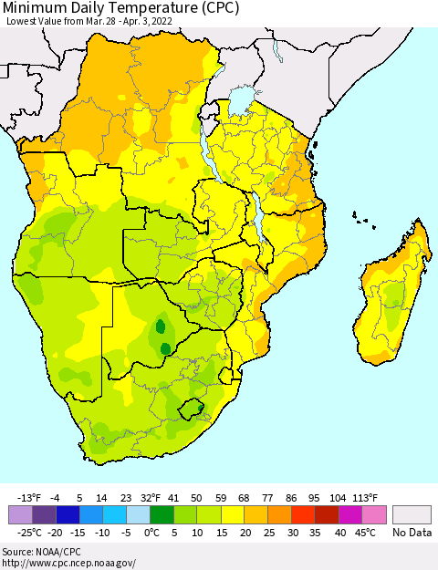 Southern Africa Minimum Daily Temperature (CPC) Thematic Map For 3/28/2022 - 4/3/2022
