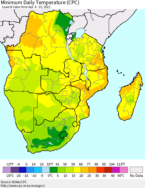 Southern Africa Minimum Daily Temperature (CPC) Thematic Map For 4/4/2022 - 4/10/2022