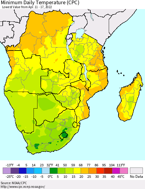Southern Africa Minimum Daily Temperature (CPC) Thematic Map For 4/11/2022 - 4/17/2022