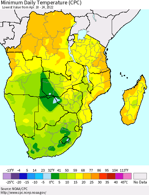 Southern Africa Minimum Daily Temperature (CPC) Thematic Map For 4/18/2022 - 4/24/2022