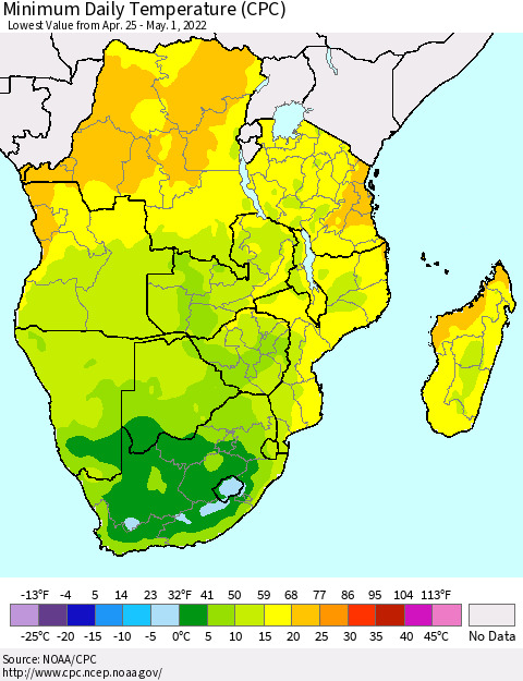 Southern Africa Minimum Daily Temperature (CPC) Thematic Map For 4/25/2022 - 5/1/2022