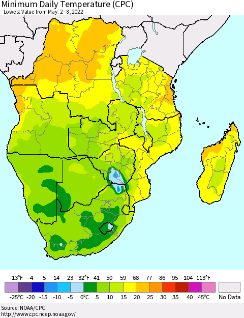 Southern Africa Minimum Daily Temperature (CPC) Thematic Map For 5/2/2022 - 5/8/2022