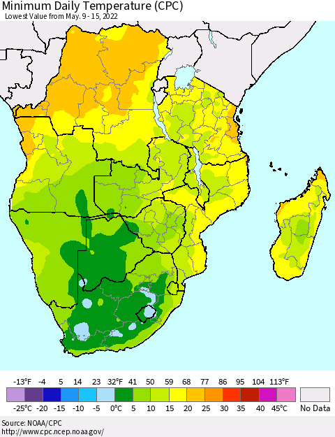 Southern Africa Minimum Daily Temperature (CPC) Thematic Map For 5/9/2022 - 5/15/2022