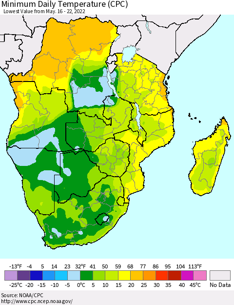 Southern Africa Minimum Daily Temperature (CPC) Thematic Map For 5/16/2022 - 5/22/2022