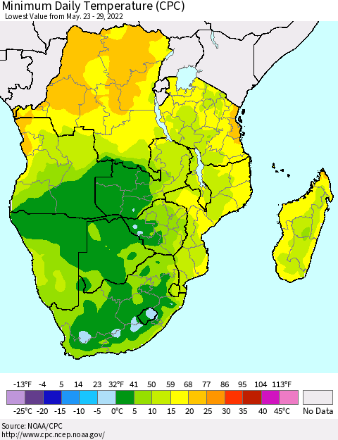 Southern Africa Minimum Daily Temperature (CPC) Thematic Map For 5/23/2022 - 5/29/2022