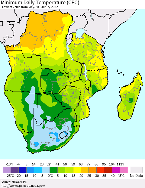 Southern Africa Minimum Daily Temperature (CPC) Thematic Map For 5/30/2022 - 6/5/2022