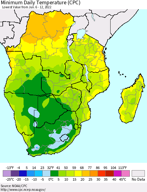 Southern Africa Minimum Daily Temperature (CPC) Thematic Map For 6/6/2022 - 6/12/2022