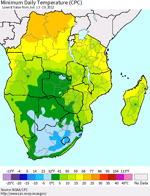 Southern Africa Minimum Daily Temperature (CPC) Thematic Map For 6/13/2022 - 6/19/2022