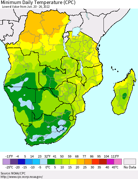 Southern Africa Minimum Daily Temperature (CPC) Thematic Map For 6/20/2022 - 6/26/2022